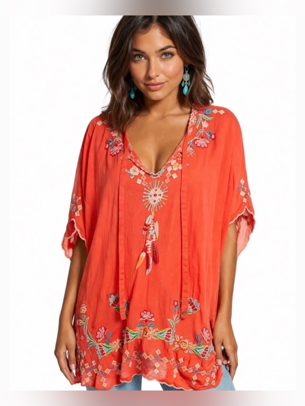 Johnny Was Dakota Coral Embroidered V-Neck Boho Tunic